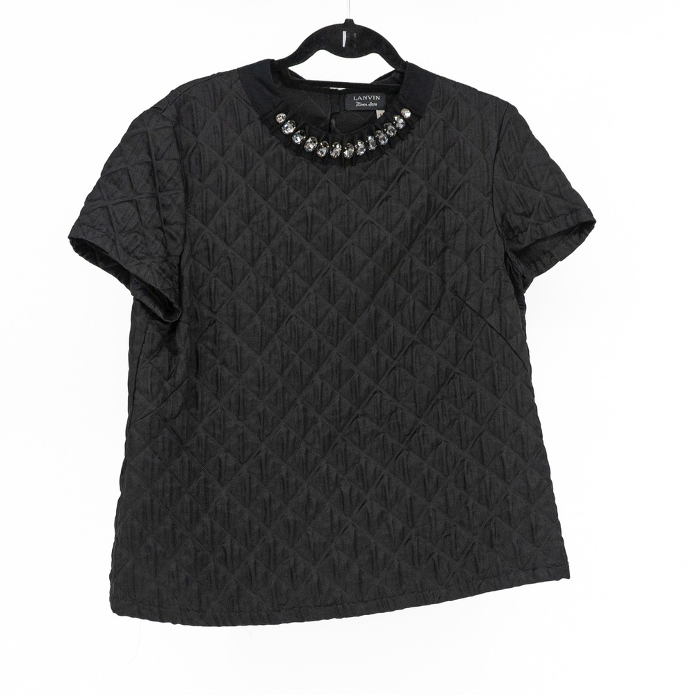 Lanvin Women's Silk Blend Crystal Jewel Diamond Embellished Blouse Black Large